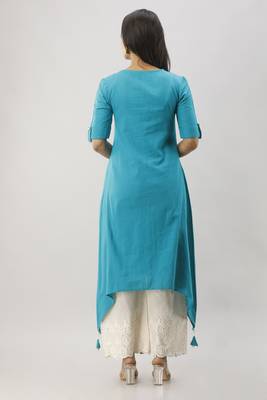 Women's Teal Cotton Slub Solid Assymetric Kurta 4