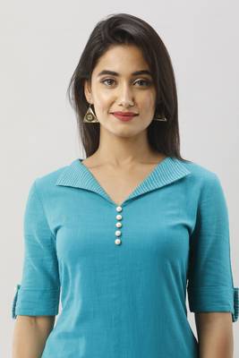 Women's Teal Cotton Slub Solid Assymetric Kurta 5