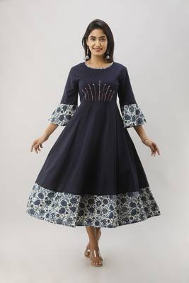 Women's Navy Blue Cotton Flex Anarkali Floral Printed Kurta 1