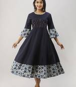 Women's Navy Blue Cotton Flex Anarkali Floral Printed Kurta