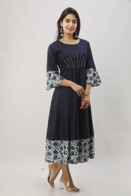 Women's Navy Blue Cotton Flex Anarkali Floral Printed Kurta 3
