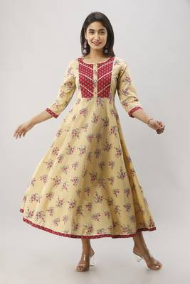 Women's Beige Cotton Anarkali Floral Printed Kurta 1