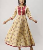 Women's Beige Cotton Anarkali Floral Printed Kurta