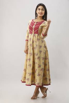 Women's Beige Cotton Anarkali Floral Printed Kurta 2