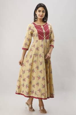Women's Beige Cotton Anarkali Floral Printed Kurta 3