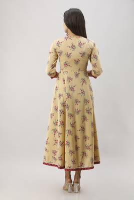Women's Beige Cotton Anarkali Floral Printed Kurta 4