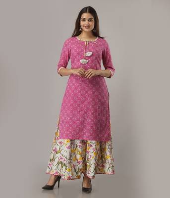 Women's  Pink Cotton Geometric Printed Straigth Kurta with Palazzo Set 1