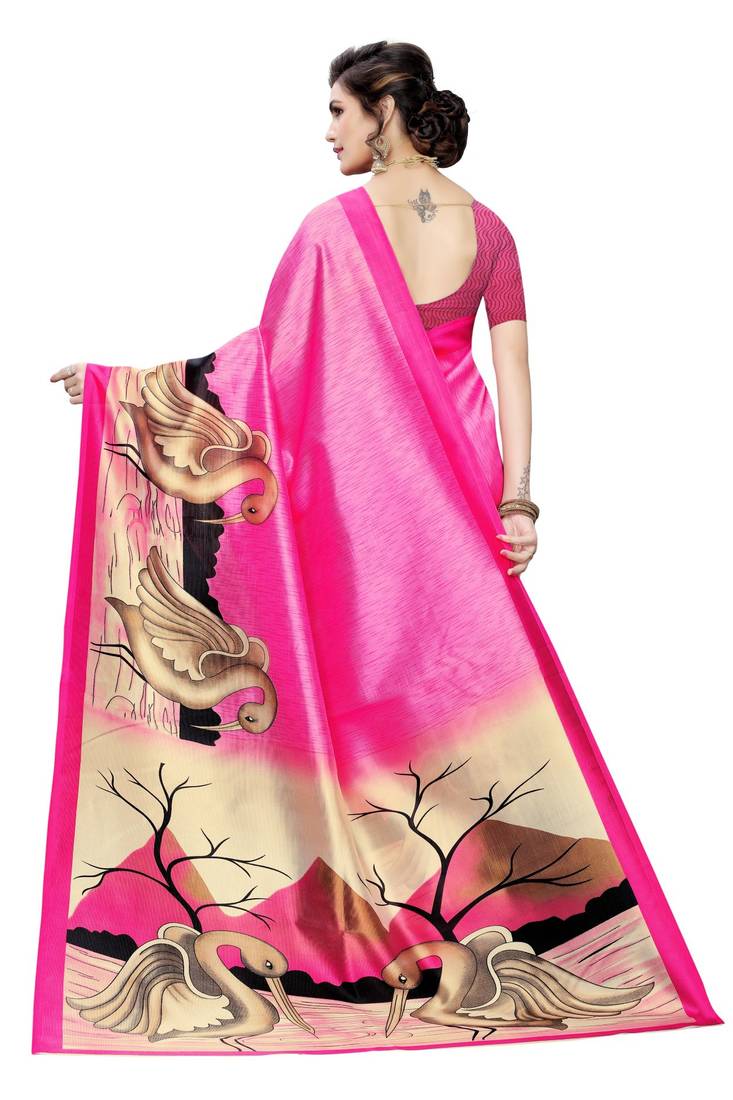 Pink printed art silk saree with blouse