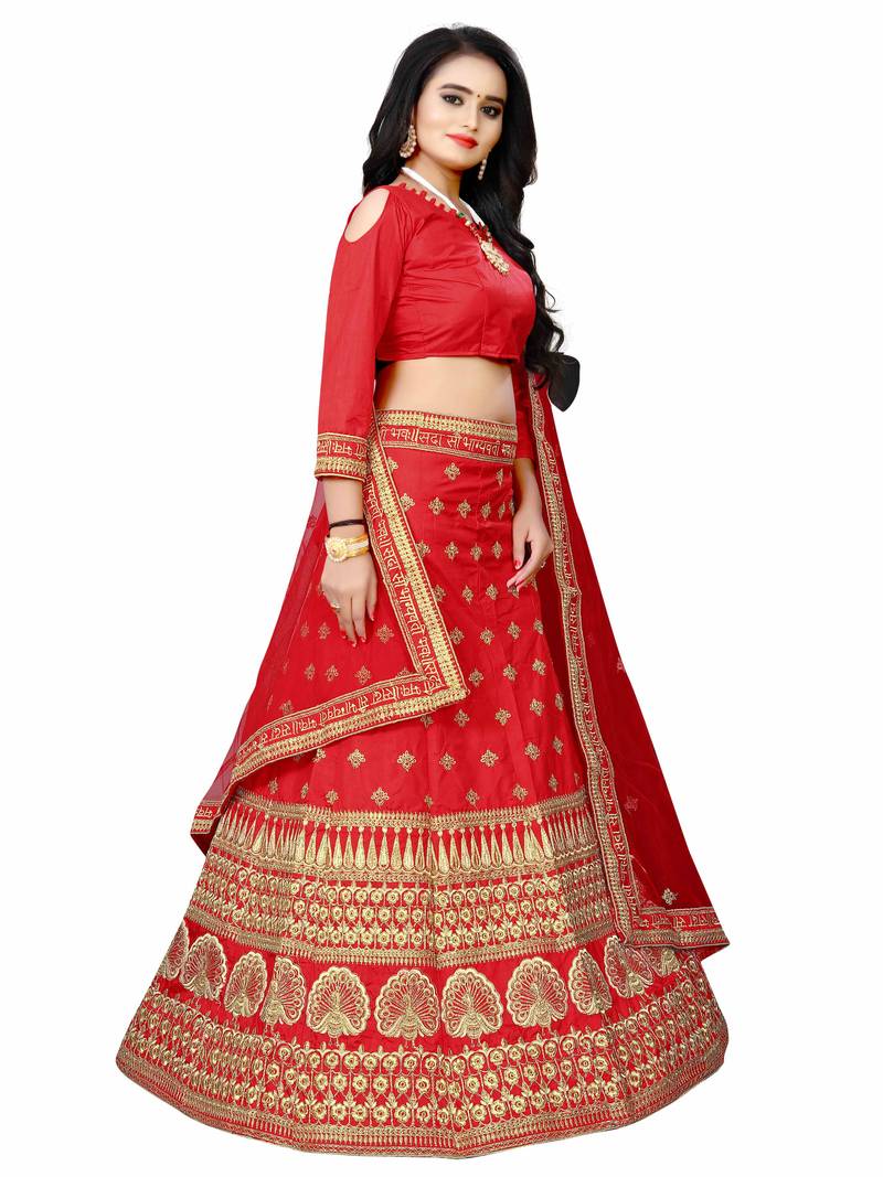 Red Embroidered Silk Semi Stitched Lehenga - Yash Enterprise - 3254585