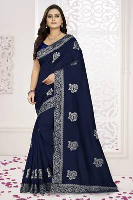 Blue embroidered art silk saree with blouse 1