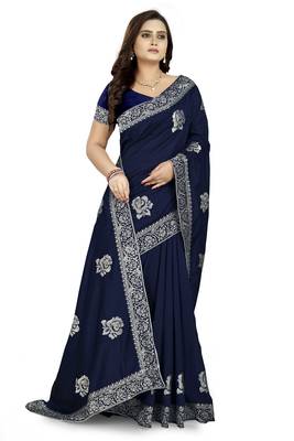 Blue embroidered art silk saree with blouse 3