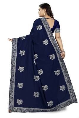 Blue embroidered art silk saree with blouse 4