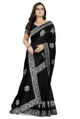 Black embroidered art silk saree with blouse 3