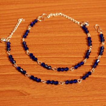 Blue Crystal Beaded Silver Plated Anklets 1