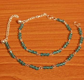Aqua Blue Crystal Beaded Silver Plated Anklets 1