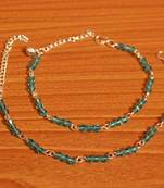 Aqua Blue Crystal Beaded Silver Plated Anklets