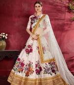 Off-White Embroidered  Silk Semi Stitched Lehenga