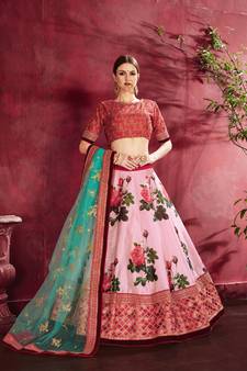 Pink Embroidered  Silk Semi Stitched Lehenga