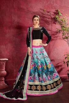 Black Embroidered  Silk Semi Stitched Lehenga