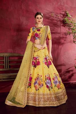 Yellow Embroidered  Silk Semi Stitched Lehenga 1