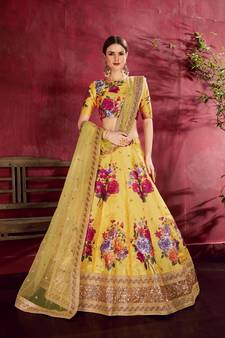Yellow Embroidered  Silk Semi Stitched Lehenga