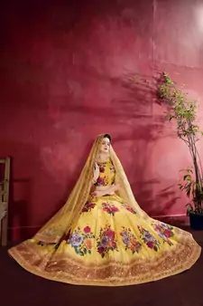Yellow Embroidered  Silk Semi Stitched Lehenga