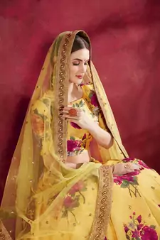 Yellow Embroidered  Silk Semi Stitched Lehenga