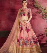 Peach Embroidered Silk Semi Stitched Lehenga