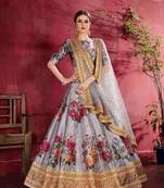 Amazing Grey Floral Print Embroidered Art Silk Heavy Wedding Lehenga Choli with Dupatta