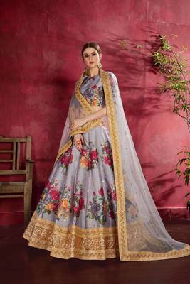 grey floral print embroidered art silk heavy wedding lehenga set choli with dupatta with dupatta 2