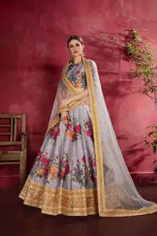 grey floral print embroidered art silk heavy wedding lehenga set choli with dupatta with dupatta