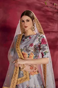 grey floral print embroidered art silk heavy wedding lehenga set choli with dupatta with dupatta