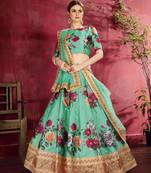 Stunning Light Green Floral Print Embroidered Art Silk Designer Wedding Lehenga Choli and Dupatta