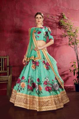 light green floral print embroidered art silk wedding lehenga set choli with dupatta and dupatta 2