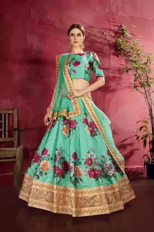 light green floral print embroidered art silk wedding lehenga set choli with dupatta and dupatta