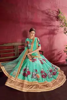 light green floral print embroidered art silk wedding lehenga set choli with dupatta and dupatta