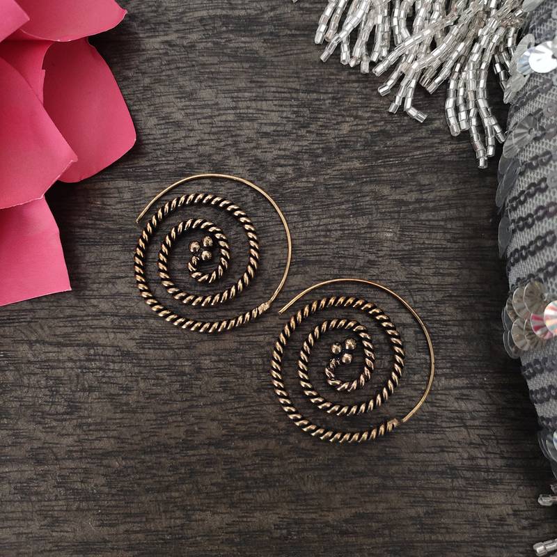 Oxidised Gold Tribal Spiral Earrings