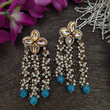 Turquoise Gold Plated Pearl And Kundan Earrings 1