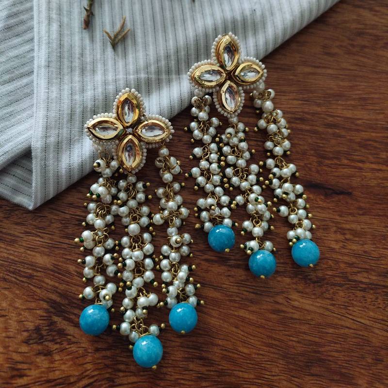 Turquoise Gold Plated Pearl And Kundan Earrings