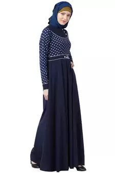 Designer Polka Dotted Umbrella Abaya- Navy Blue