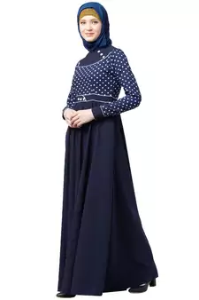 Designer Polka Dotted Umbrella Abaya- Navy Blue