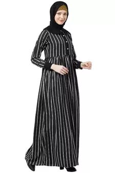 Black And White Striped Abaya With Baby Collar