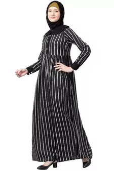 Black And White Striped Abaya With Baby Collar
