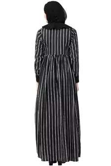 Black And White Striped Abaya With Baby Collar