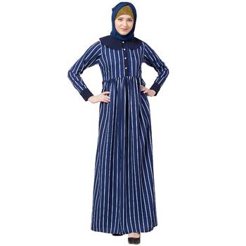 Blue And White Striped Abaya With Baby Collar 1