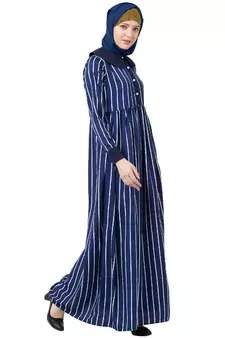 Blue And White Striped Abaya With Baby Collar