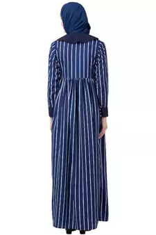 Blue And White Striped Abaya With Baby Collar