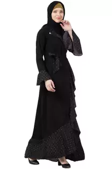 Designer Polka Dotted Abaya- Black