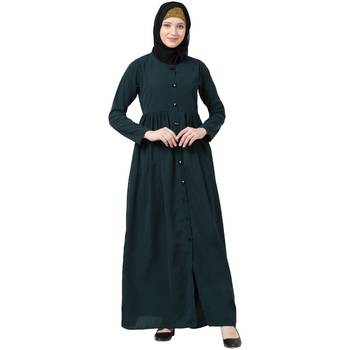 Front Open Abaya With Pintucks- Bottle Green 1