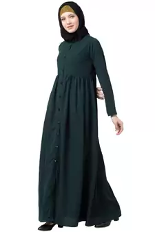 Front Open Abaya With Pintucks- Bottle Green
